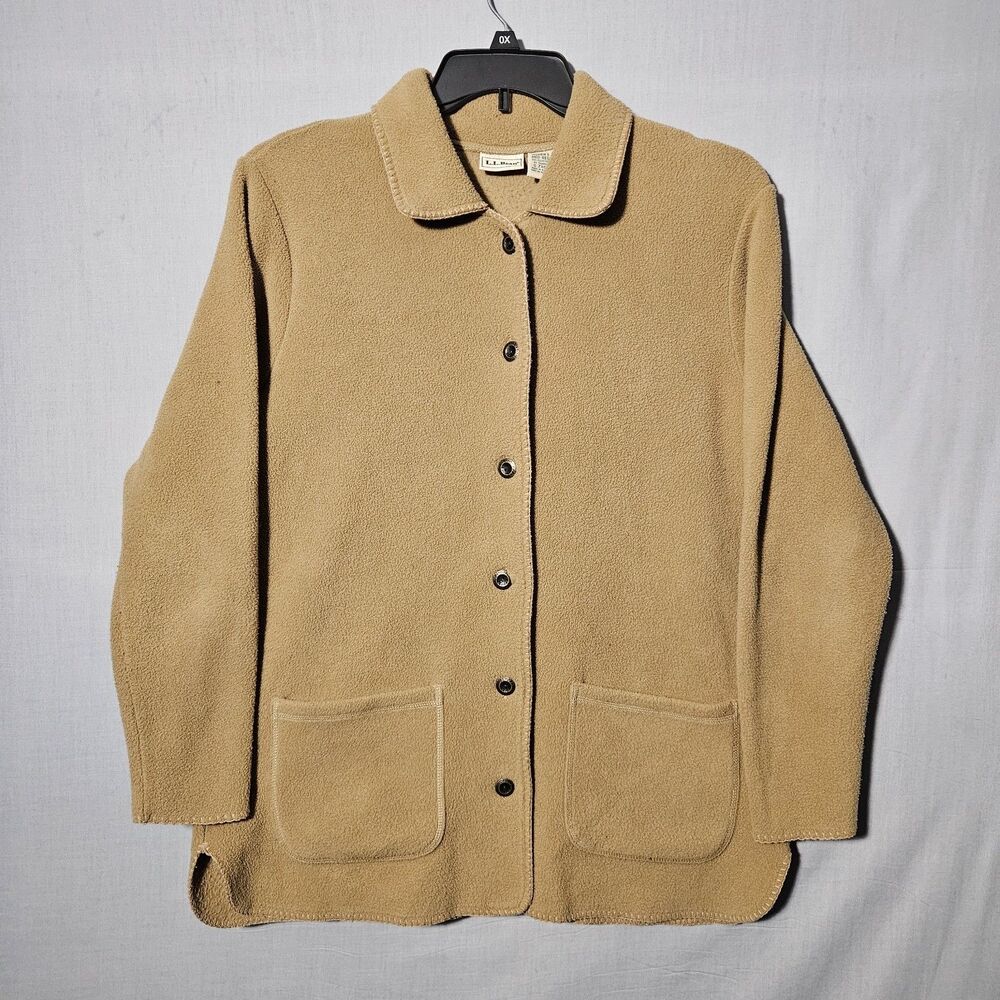 LL Bean Shacket Womens M Fleece Cardigan Button Up Tan Chore Coat Shirt Jacket